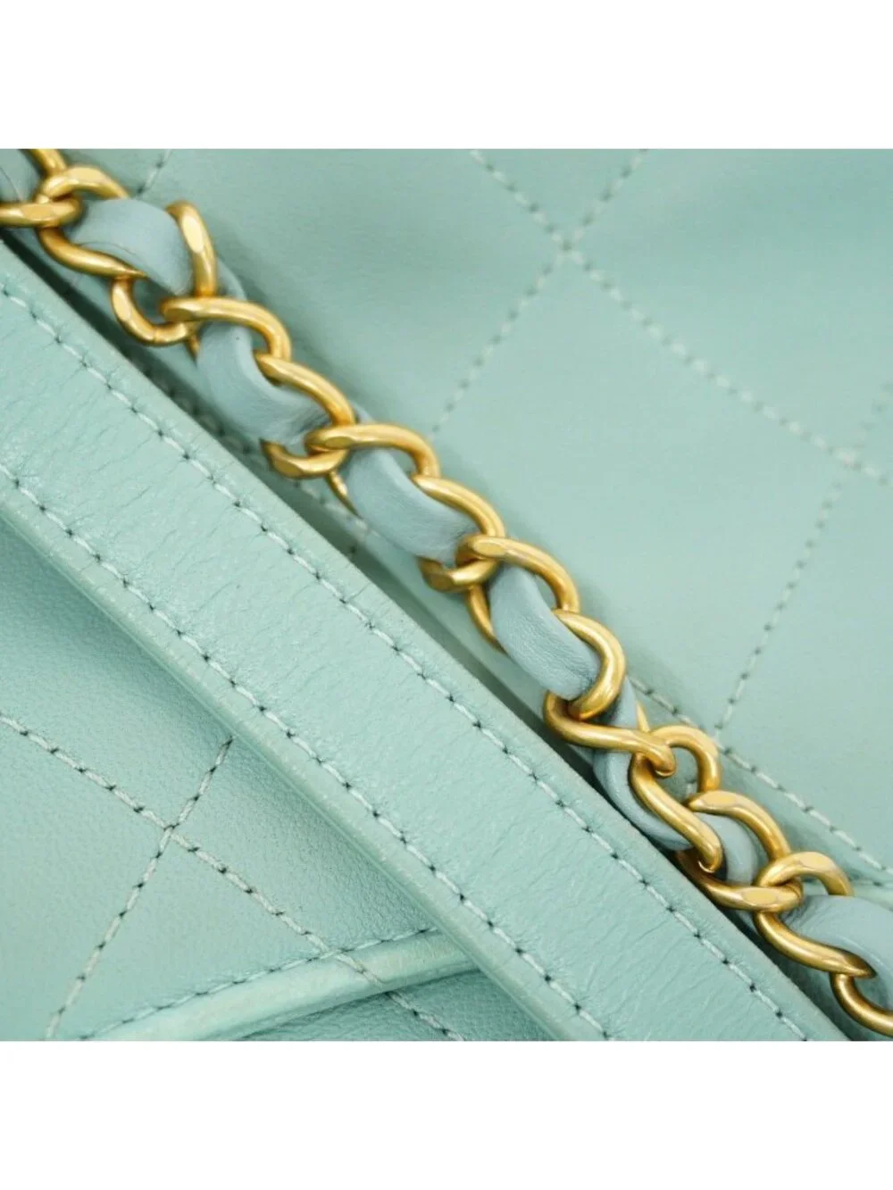 Chanel Handbag Quilted Top Handle Lambskin Light Blue Gold 2-Way